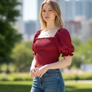 Urban Outfitters Women’s S Cranberry Red Cropped Shirred Top Short Puff Sleeves